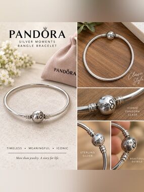 Authentic Pandora Sterling Silver Moments Logo Clasp Bangle Bracelet